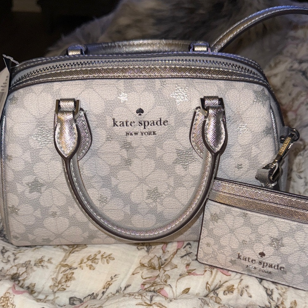 Kate Spade Metallic Silver/gray/white satchel/duffel with card holder